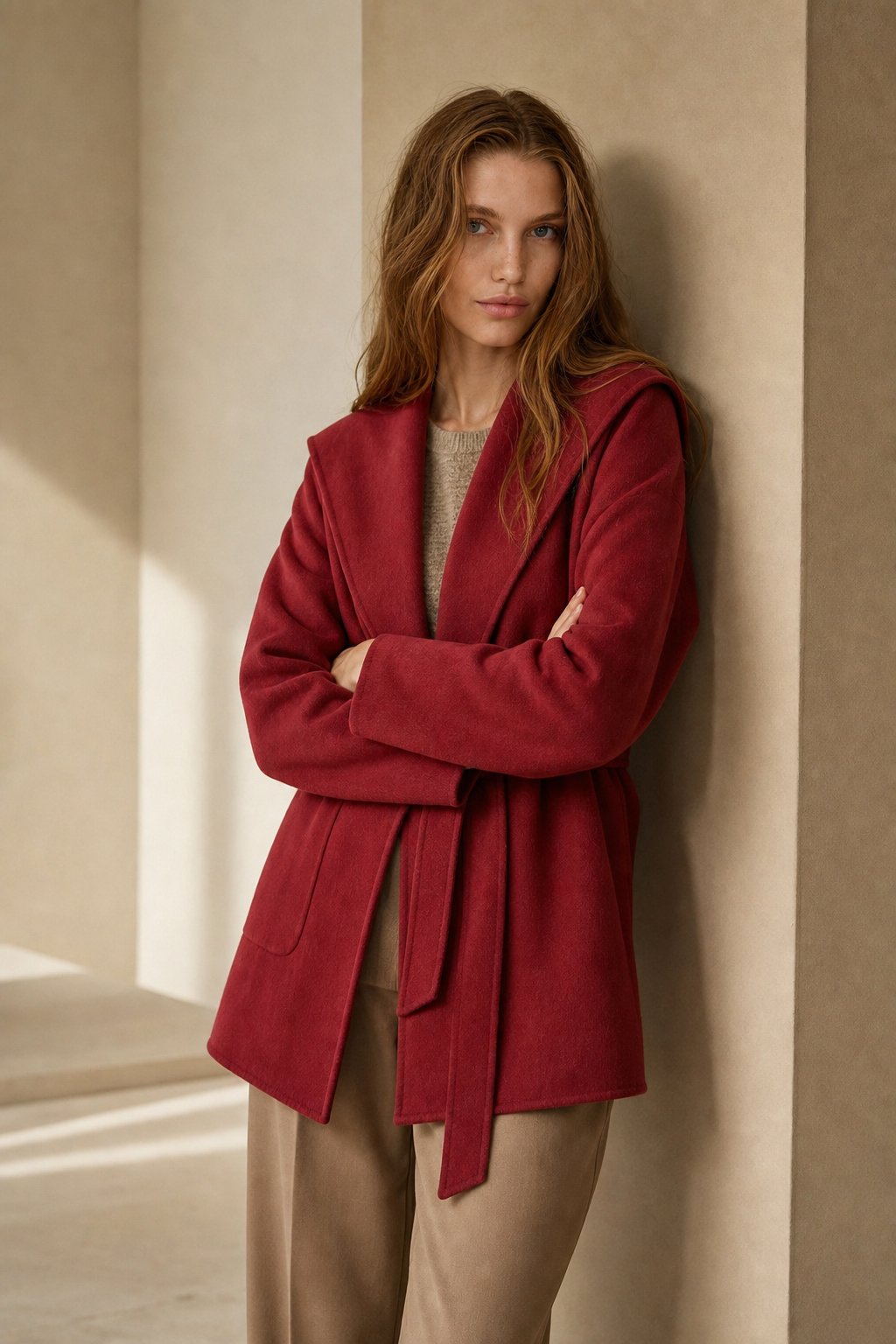 Camel-Hair Long Pointed Coat in Red
