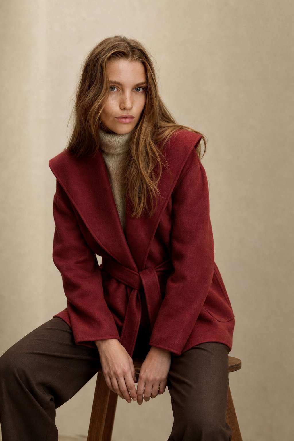 Camel-Hair Long Pointed Coat in Red