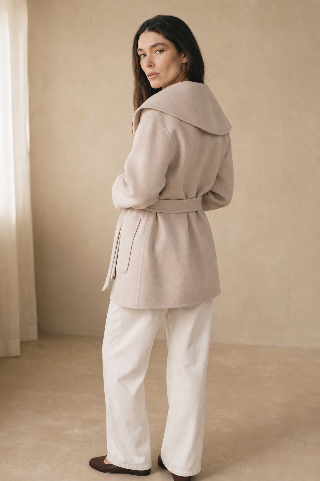 Camel-Hair Long Pointed Coat in Ivory